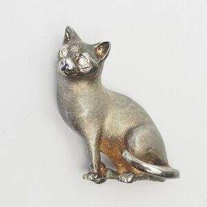 Cute vintage sterling 925 silver crystal eyes Cat kitten pin brooch